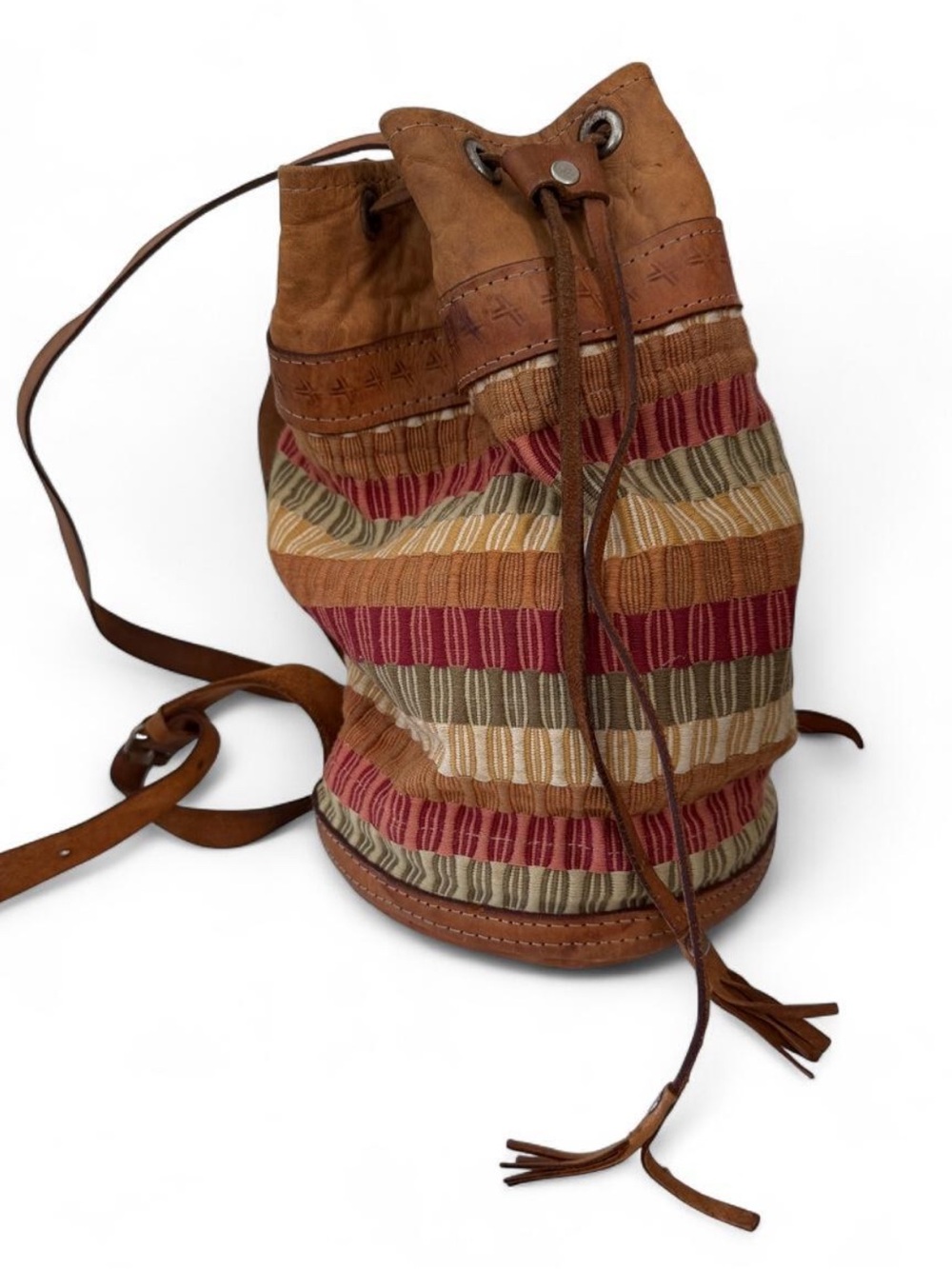 Vintage 70s Leather & Woven Tapestry Cinch Bucket Backpack
